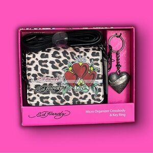 Ed Hardy Cheetah Micro Organizer Crossbody + Heart Keychain Set (NEW IN BOX)